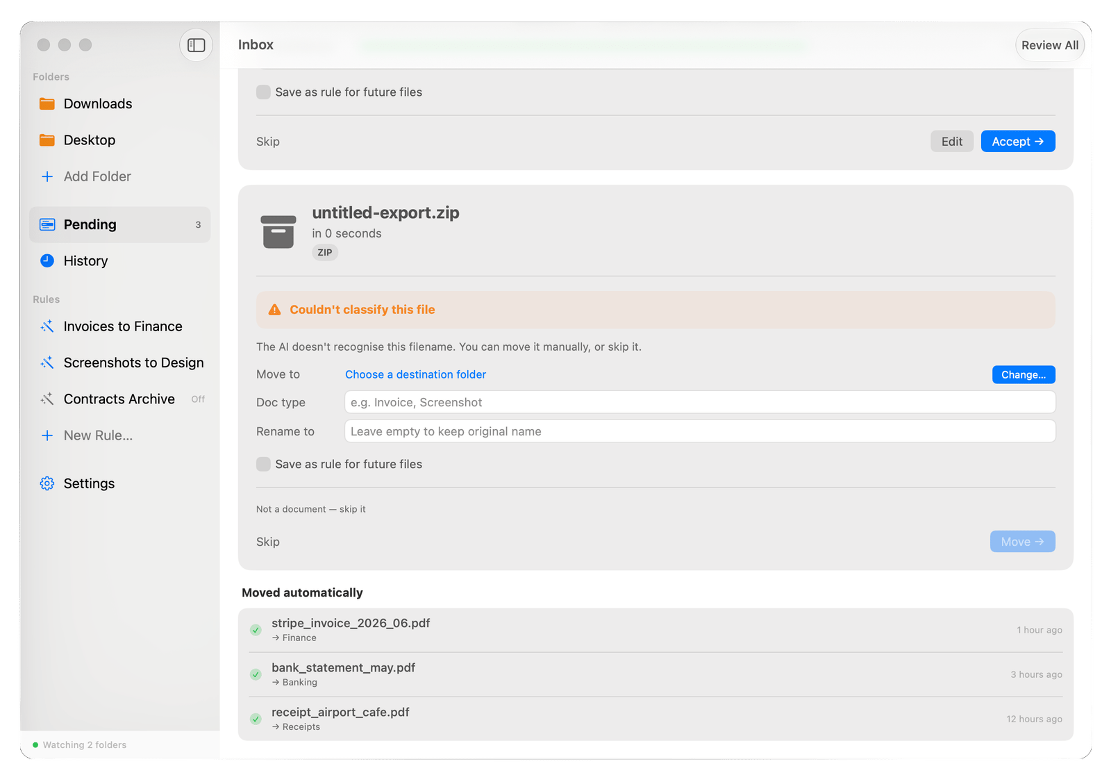 Tidro main view showing organised file activity